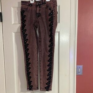 VENUS Brown Skinny Jeans with Black Floral Side Trim